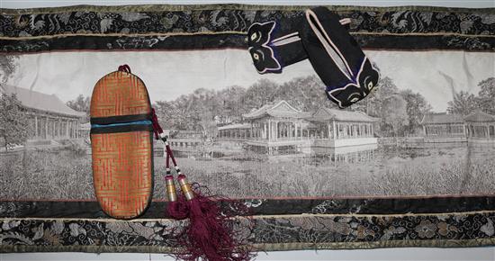 A Chinese machine embroidered picture, a silk spectacle case and a pair of shoes
